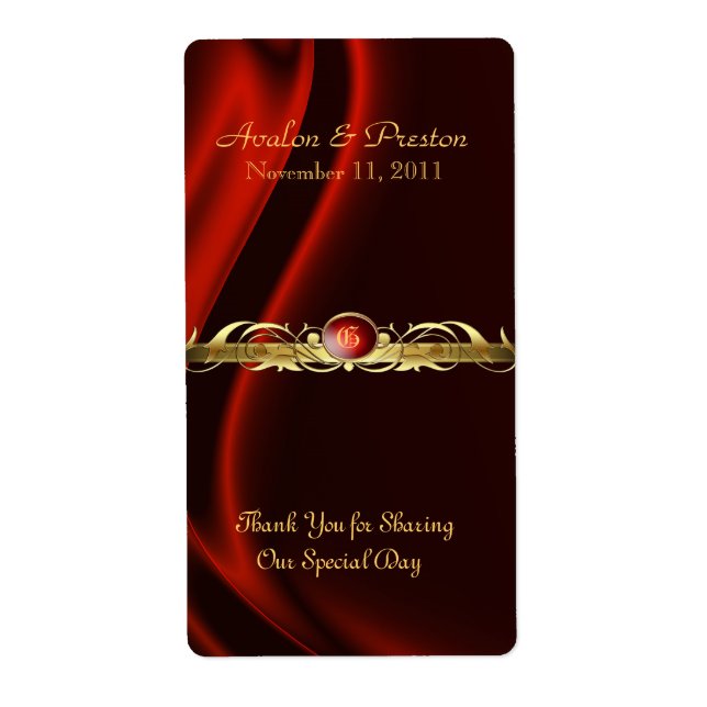 Marquis Red Silk Gold Scroll Wine Wedding Label (Front)