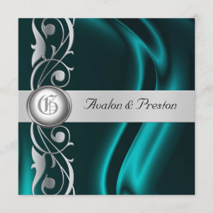 Marquis Teal Silk Silver Scroll Pearl Invitation