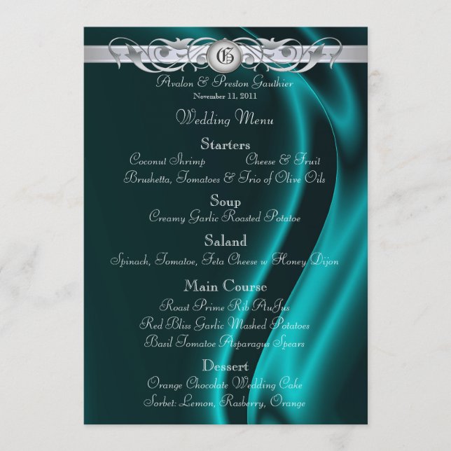 Marquis Teal Silk Silver Scroll Wedding Menu (Front)