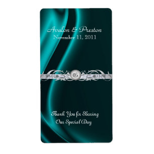 Marquis Teal Silk Silver Scroll Wine Wedding Label