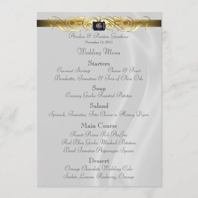 Marquis White Silk Gold Scroll Wedding Menu (Front)