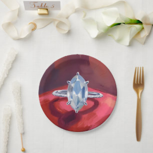 Marquise Diamond Engagement Ring Red Watercolor Paper Plate