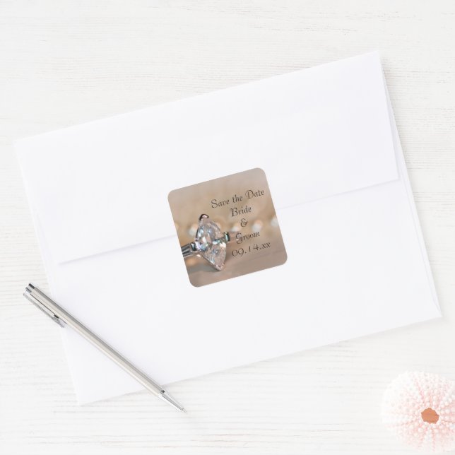 Marquise Diamond Ring Wedding Save the Date Square Sticker (Envelope)
