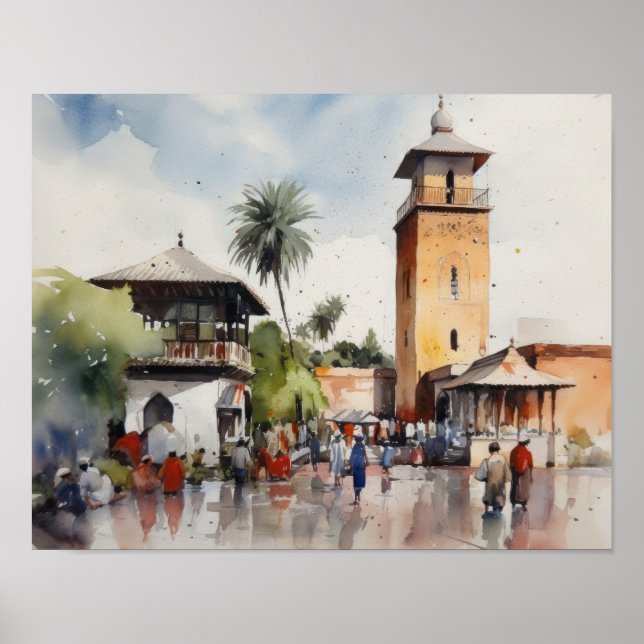 Marrakech Morocco Watercolor Art Print Poster (Front)