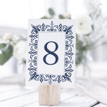 Marrakesh Table Number Card | Navy<br><div class="desc">Modern Moroccan inspired table number cards feature a geometric border in navy blue and white surrounding your table number. Design repeats on reverse side. Coordinates with our Marrakesh wedding invitation suite in Navy.</div>