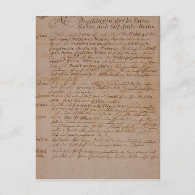 Marriage certificate of Wolfgang,Mozart and Weber Postcard (Front)
