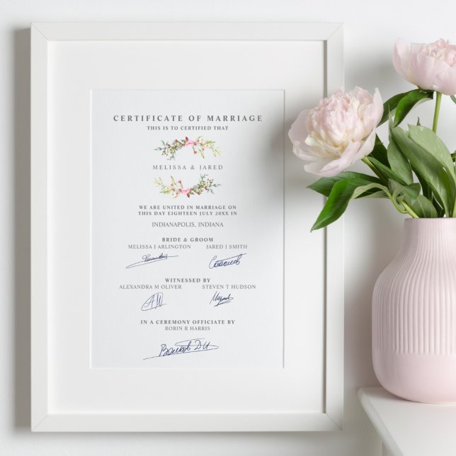 Marriage Certificate with Floral Garland in Pink Poster (Creator Uploaded)
