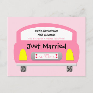 Marriage Elopement Announcement Postcard Pink Car