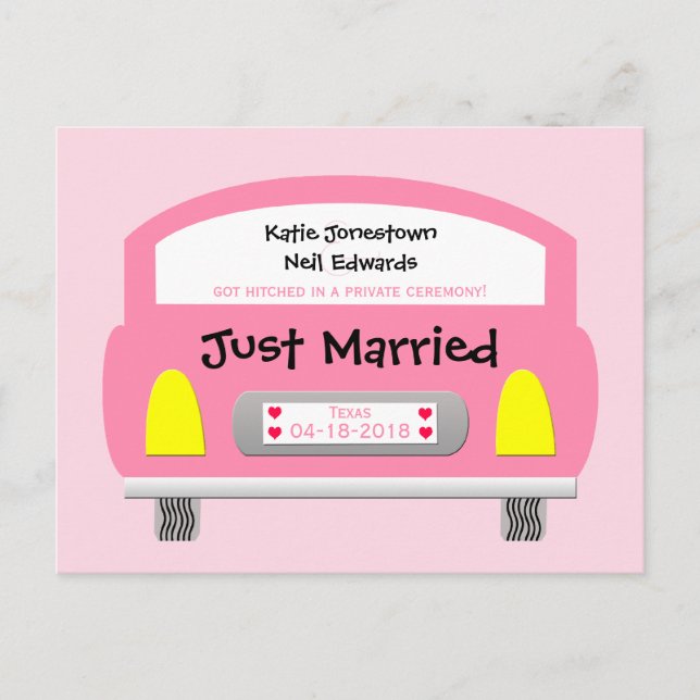 Marriage Elopement Announcement Postcard Pink Car (Front)