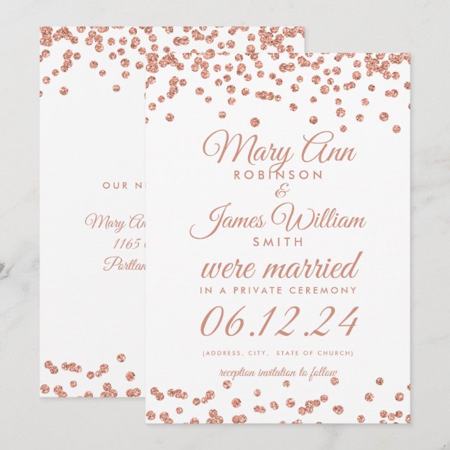 Marriage Elopement Rose Gold Glitter Confetti Invitation (Front/Back)