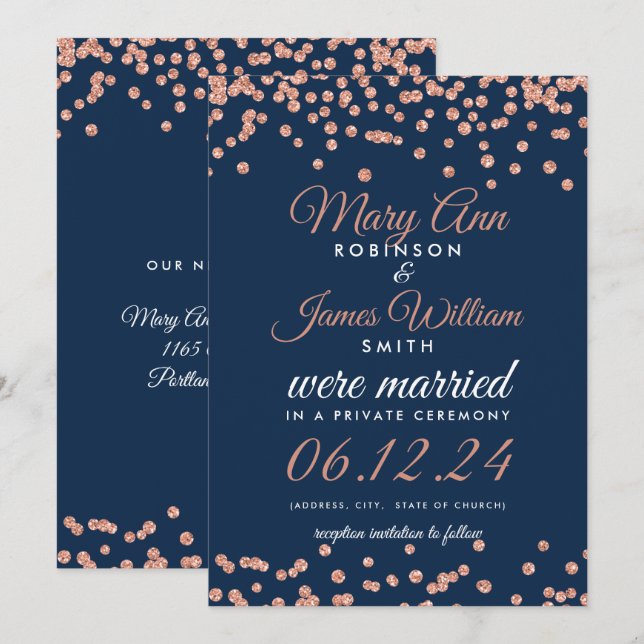 Marriage Elopement Rose Gold Glitter Confetti Navy Invitation (Front/Back)
