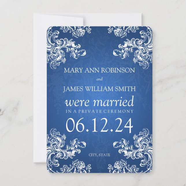 Marriage Elopement Vintage Swirls 2 Sapphire Blue Announcement (Front)