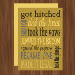 Marriage Euphemisms Funny Wedding Party Invitation<br><div class="desc">Elopement announcement, wedding announcement or after wedding reception party invite with fun euphemisms or old sayings about getting married - Got Hitched, Tied the Knot, etc. Your custom text on the other side. If you are already married, eloped or had a destination wedding or got married at the courthouse, customise...</div>
