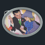 Marriage Is Not For Me Belt Buckle<br><div class="desc">Artist:Joe DeMers | Woman in a purple dress and hat drinking coffee at a table with a man smoking a cigarette</div>
