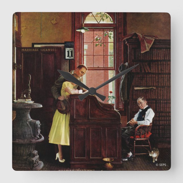 Marriage License by Norman Rockwell Square Wall Clock (Front)