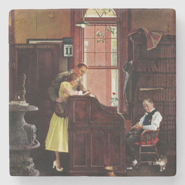 Marriage License by Norman Rockwell Stone Coaster (Front)