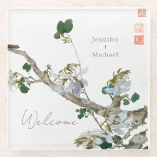 Marriage Minimalist Calligraphy Floral Lithograph Glass Coaster