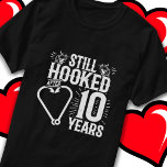 Married 10 Years Fishing Funny 10th Anniversary T-Shirt<br><div class="desc">This fun 10th wedding anniversary design is perfect for fishing couples that have been married for 10 years and are still hooked on each other & love to go fishing! Great for a 10th wedding anniversary party to celebrate 10 years of marriage! Features 'Still Hooked After 10 Years' wedding anniversary...</div>