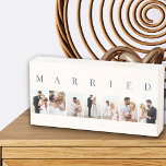 MARRIED 7 Picture Photo Collage Off White and Blue Wooden Box Sign<br><div class="desc">Modern wooden box sign, personalised with your wedding photos. A stylish design in neutral colour palette in off white and dark blue - perfect for newlyweds and anniversary gifts. The photo template is set up for you to add 7 of your favourite pictures which are displayed in portrait format in...</div>