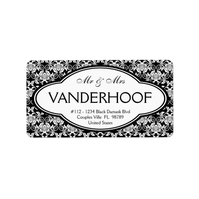 Married Address  Bold Black  White Elegant Damask Label (Front)