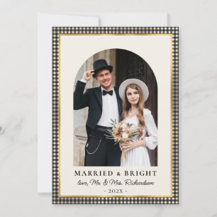 Married and Bright Arch Photo Black Gold Plaid Holiday Card