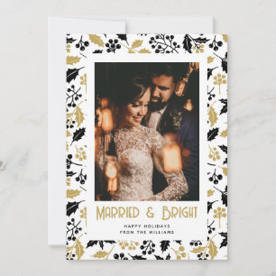 Married and Bright Black Gold Photo Christmas Card