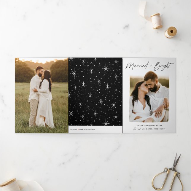 Married and Bright Black Script 4 Photo Tri-Fold Holiday Card (Outside)