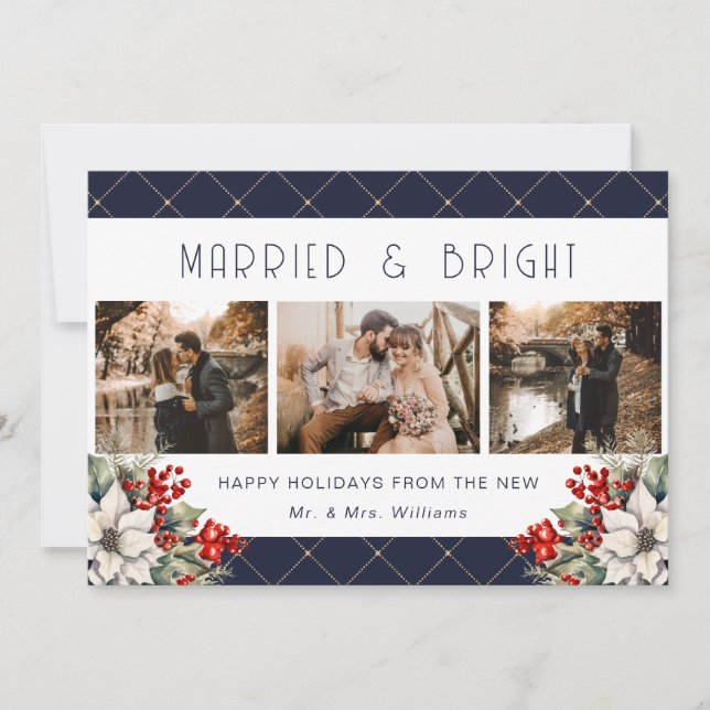 Married And Bright Blue Newlywed 3 Photo Holiday Card (Front)