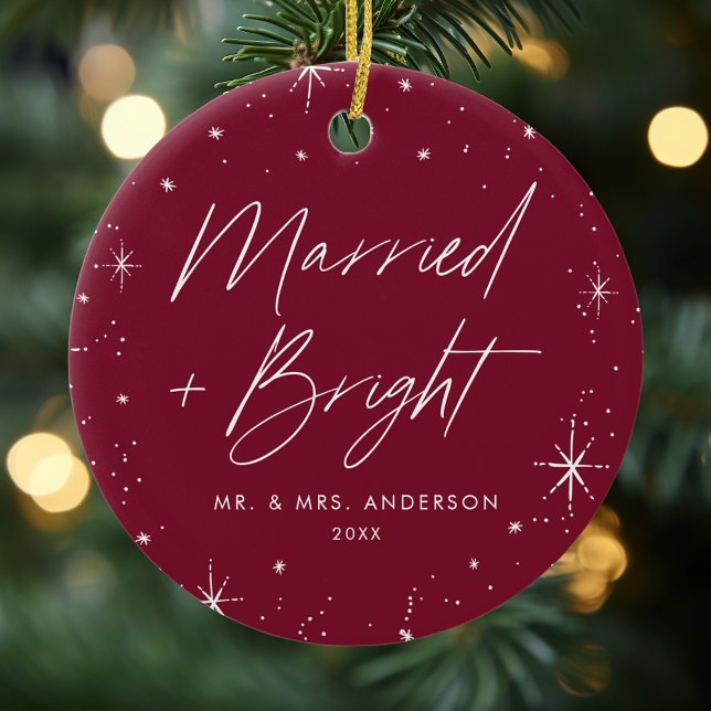 Married and Bright Cranberry Holiday Photo Ceramic Tree Decoration (Creator Uploaded)