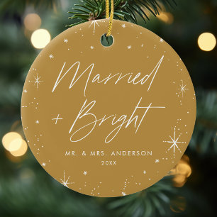 Married and Bright Gold Holiday Photo Ceramic Tree Decoration