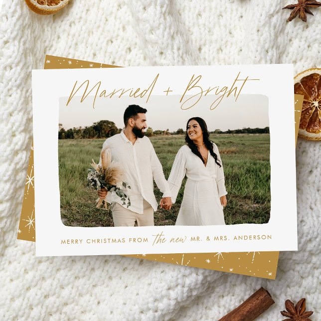 Married and Bright Gold Script Photo Holiday Card (Creator Uploaded)