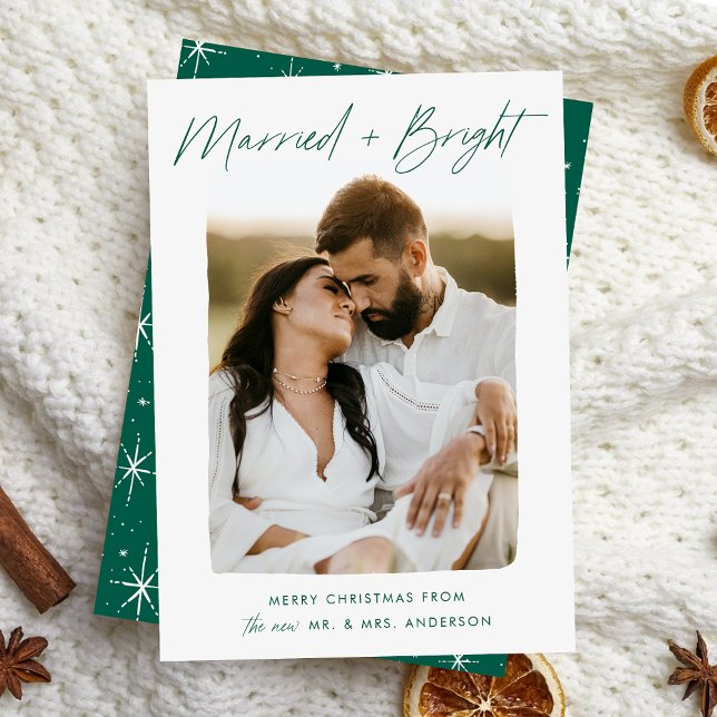 Married and Bright Green Script Photo Holiday Card (Creator Uploaded)