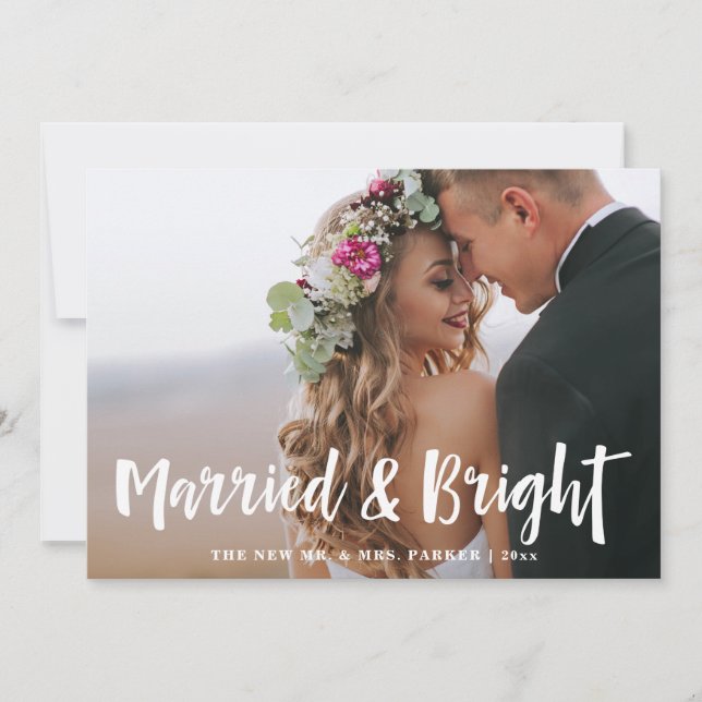 Married and Bright | Hand Drawn Script Two Photo Holiday Card (Front)