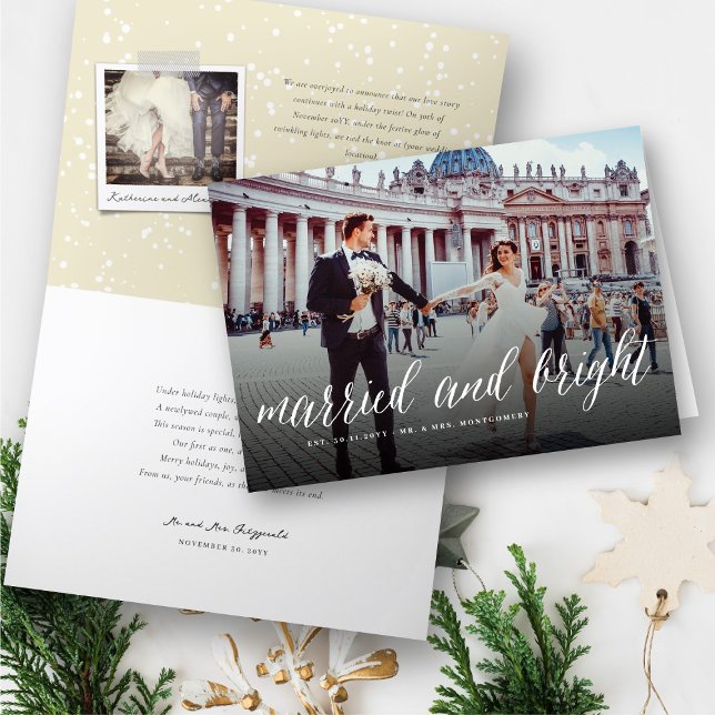 Married And Bright Holiday Wedding Announcement (Married And Bright Trendy Script Holiday Wedding Announcement Folded Card @ fat_fa_tin)