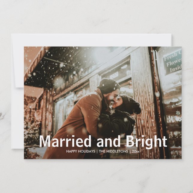 Married And Bright Modern First Christmas Photo Holiday Card (Front)