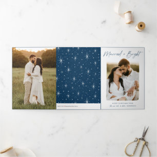 Married and Bright Navy Script 4 Photo Tri-Fold Holiday Card
