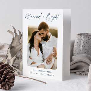 Married and Bright Navy Script Photo Holiday Card