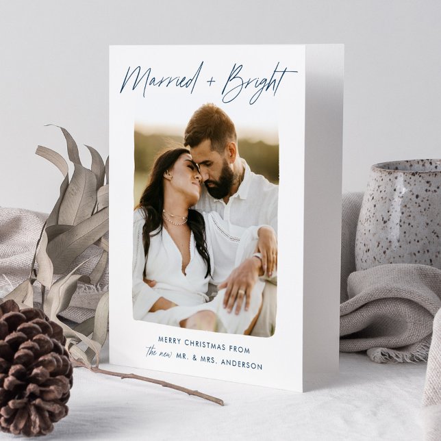 Married and Bright Navy Script Photo Holiday Card (Creator Uploaded)