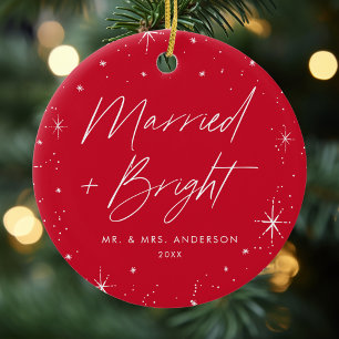Married and Bright Red Holiday Photo Ceramic Tree Decoration
