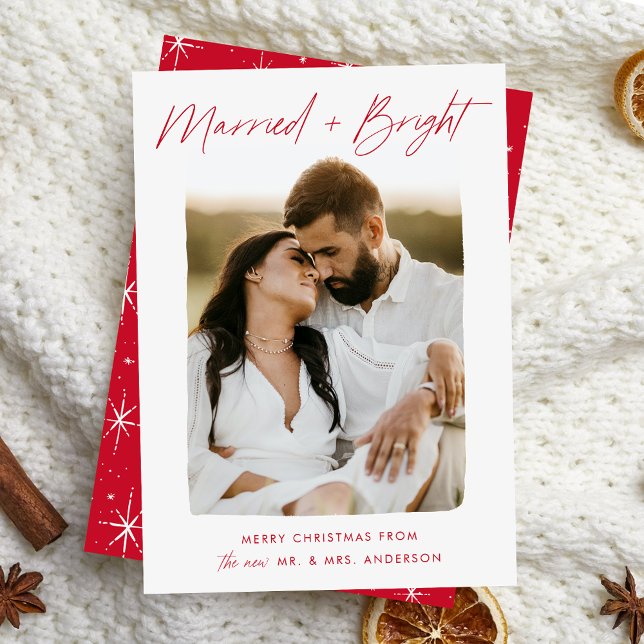 Married and Bright Red Script Photo Holiday Card (Creator Uploaded)