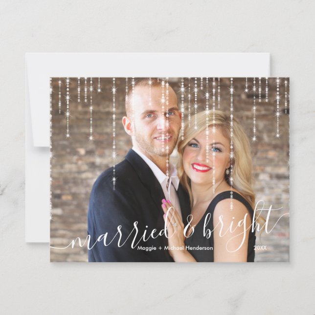 Married and Bright Twinkle Lights Christmas Photo Holiday Card (Front)