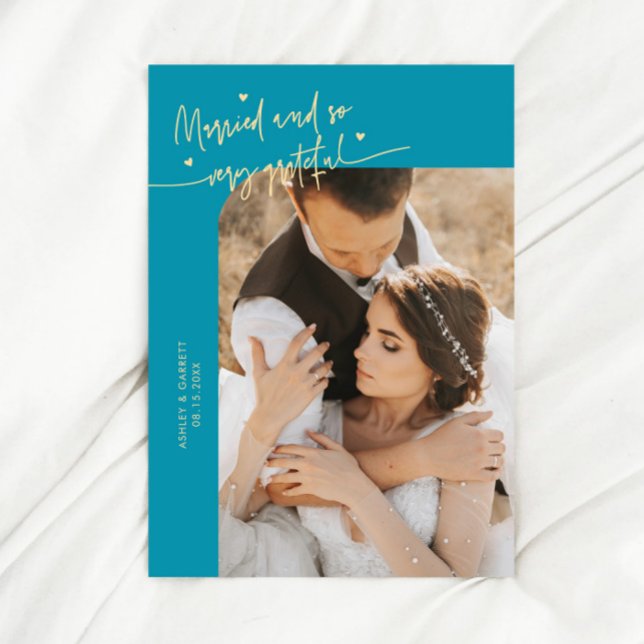 Married and Grateful Wedding Photo Aqua Blue Thank You Card (Creator Uploaded)