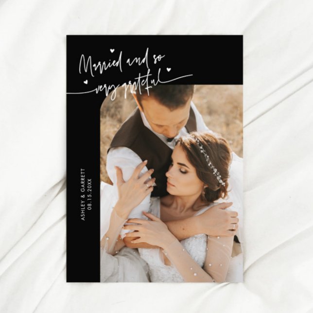 Married and Grateful Wedding Photo Black Thank You Card (Creator Uploaded)