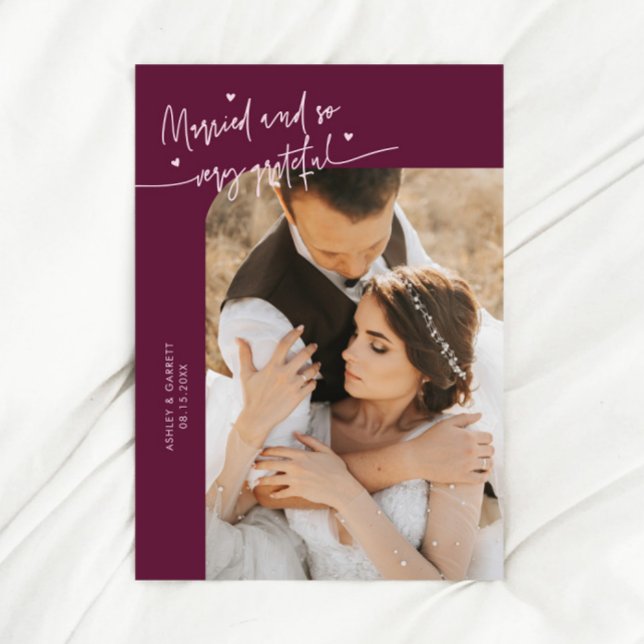 Married and Grateful Wedding Photo Cranberry Thank You Card (Creator Uploaded)