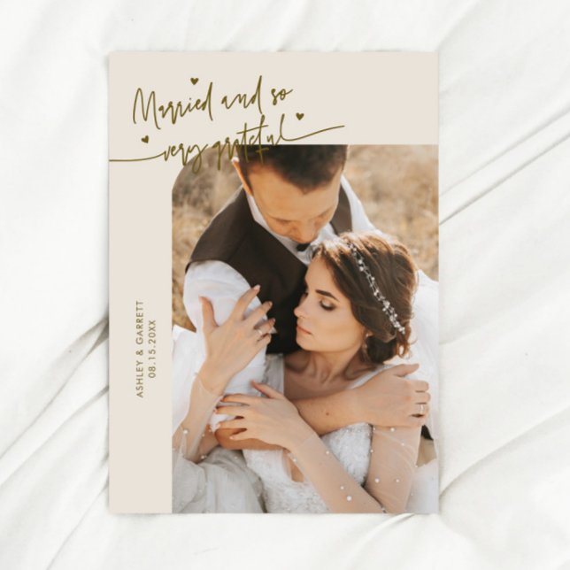 Married and Grateful Wedding Photo Cream Thank You Card (Creator Uploaded)