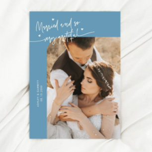 Married and Grateful Wedding Photo Denim Blue Thank You Card