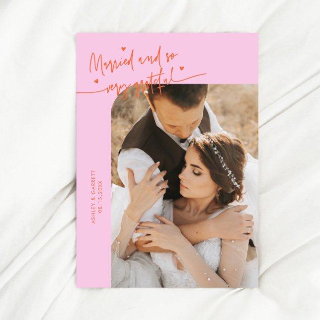 Married and Grateful Wedding Photo Orange Pink Thank You Card (Creator Uploaded)