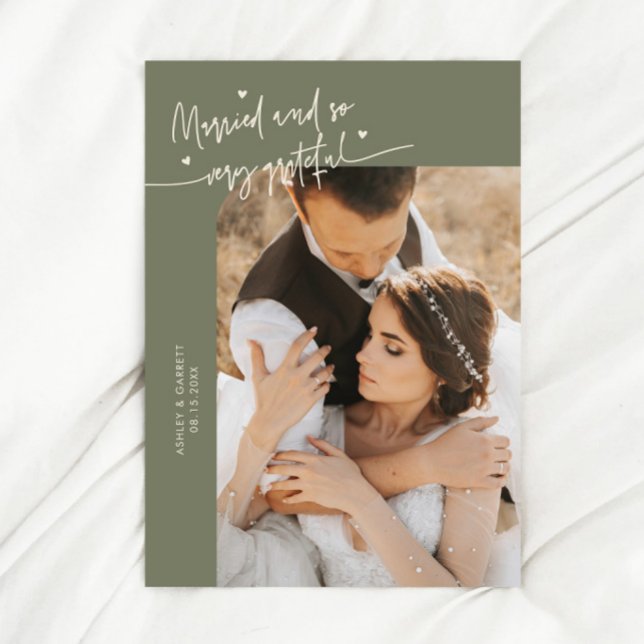 Married and Grateful Wedding Photo Sage Green Thank You Card (Creator Uploaded)