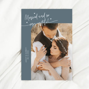 Married and Grateful Wedding Photo Slate Blue Thank You Card