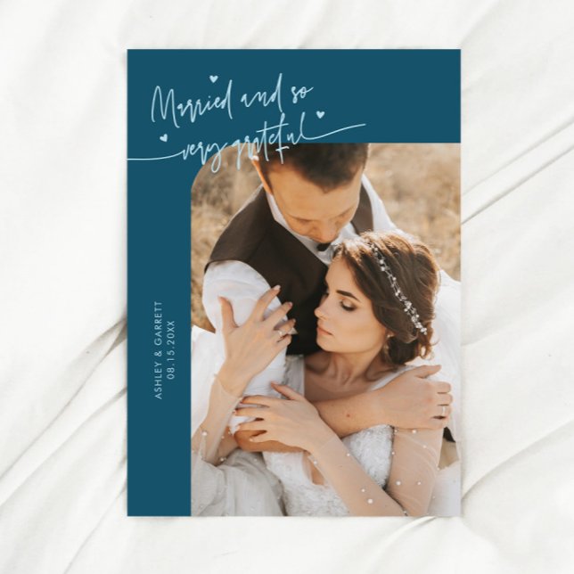 Married and Grateful Wedding Photo Teal Thank You Card (Creator Uploaded)